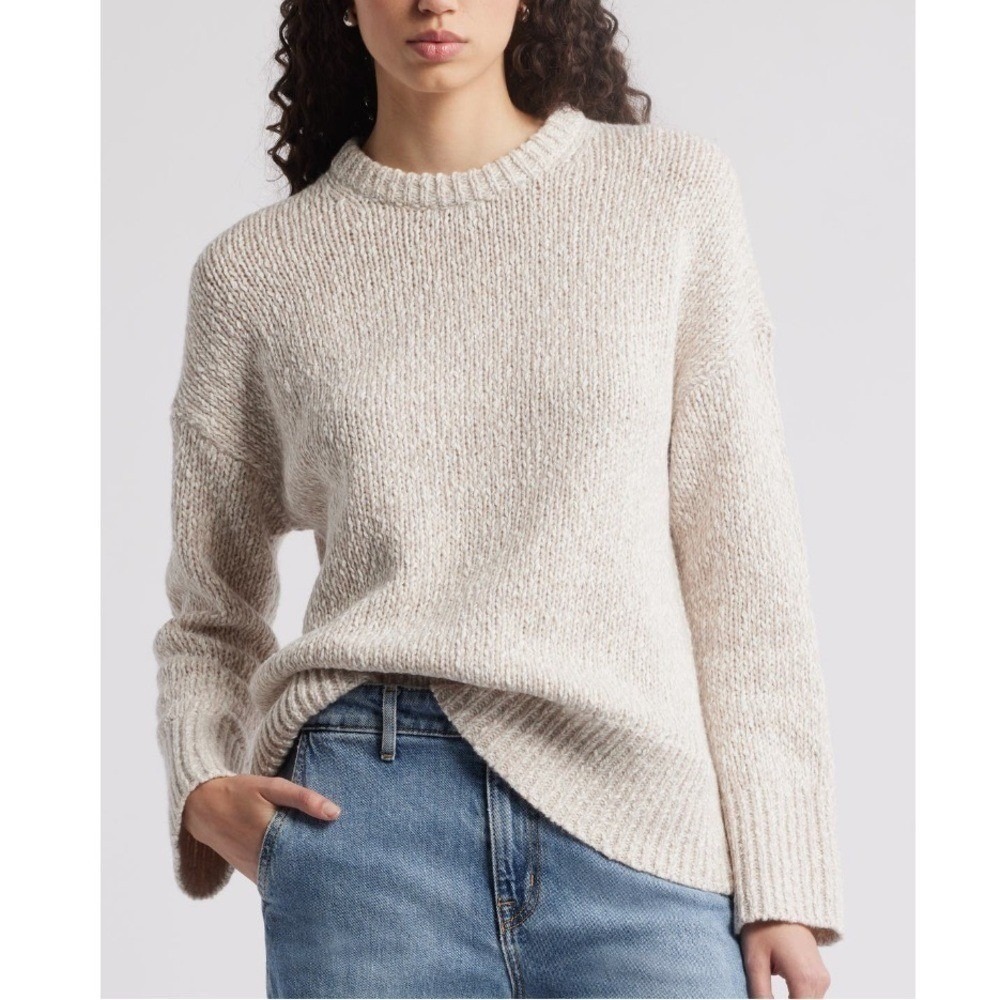 NORDSTROM‎ Marled Cotton & Wool Crewneck Sweater, Size Large, Beige/Ivory, NWT